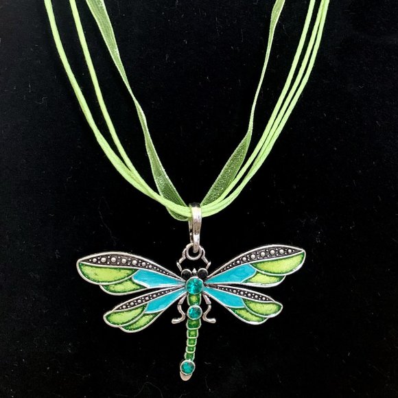 Spring Multicolor Dragonfly Rhinestone Pendant Organza Cord Adjustable Necklace - Picture 7 of 15
